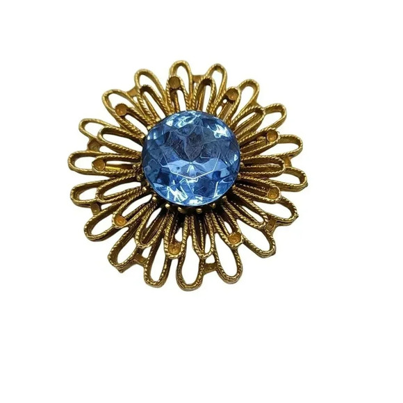 Large Blue Glass Rhinestone Flower Gold Tone Openwork Vintage Brooch - Picture 1 of 4